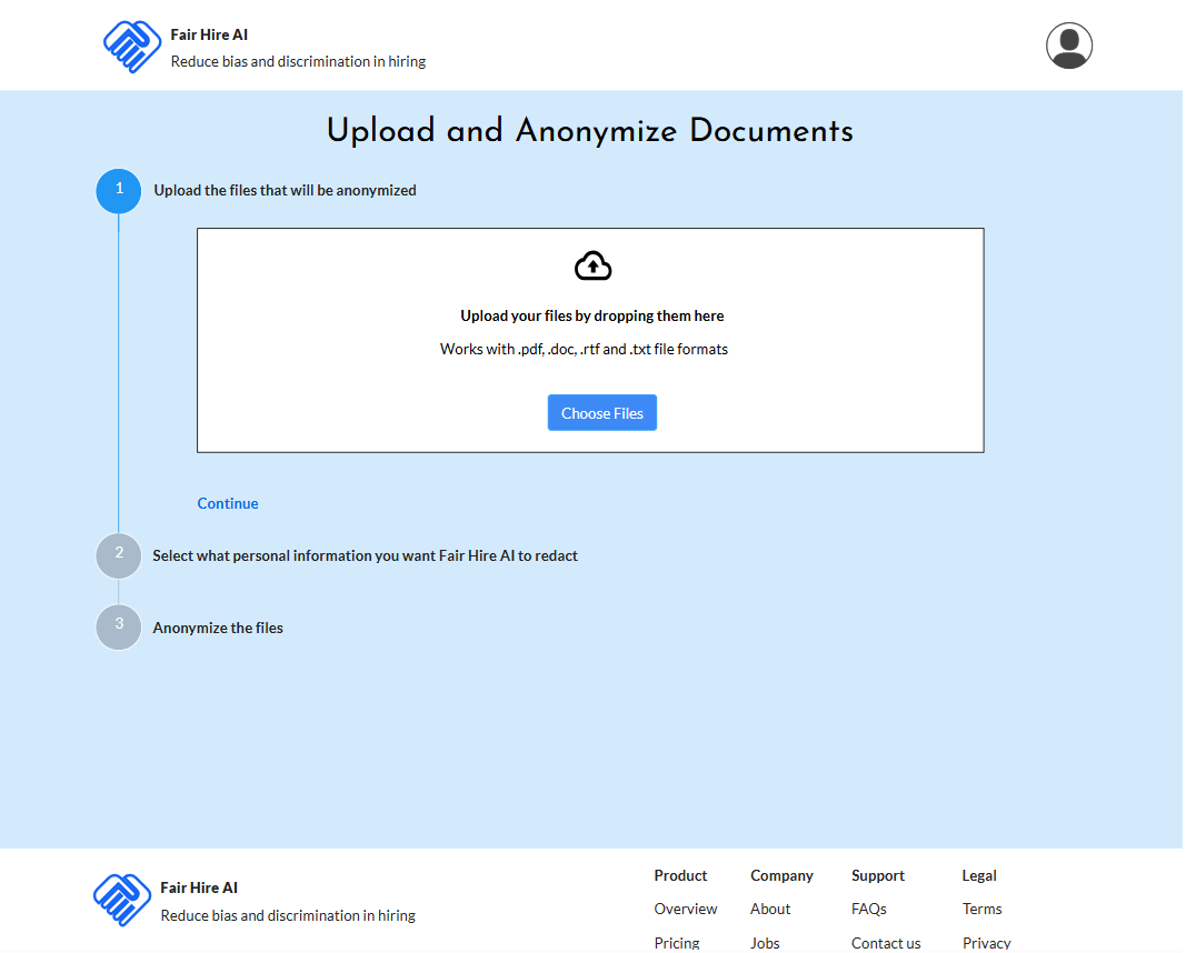 Fair Hire AI wizard step 1: upload files to anonymize