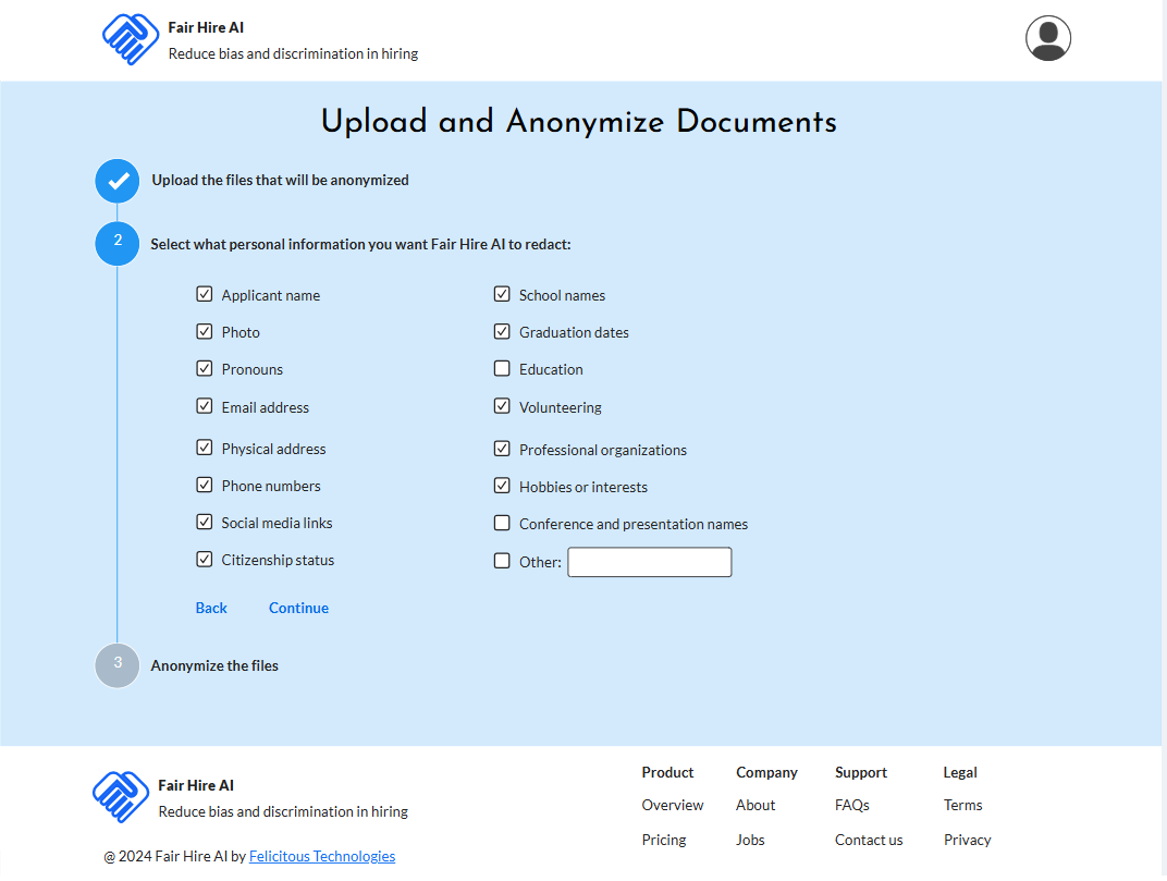 Fair Hire AI wizard step 2: select personal information to redact