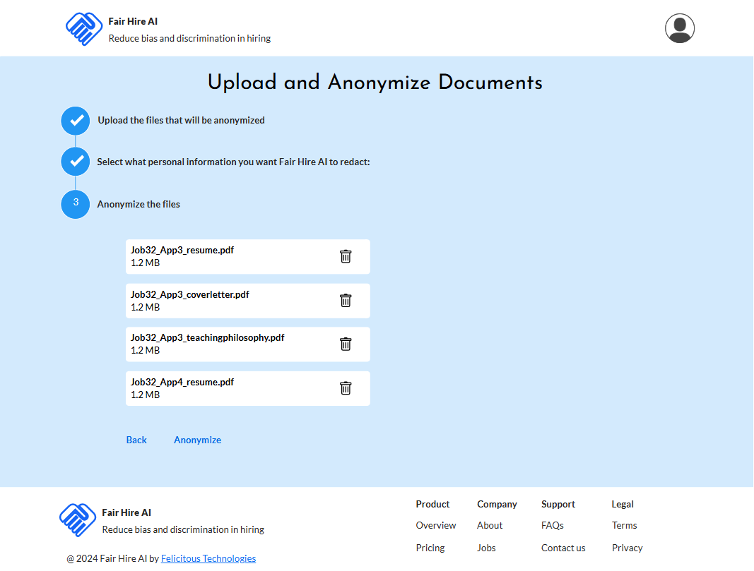 Fair Hire AI wizard step 3: review and anonymize uploaded files